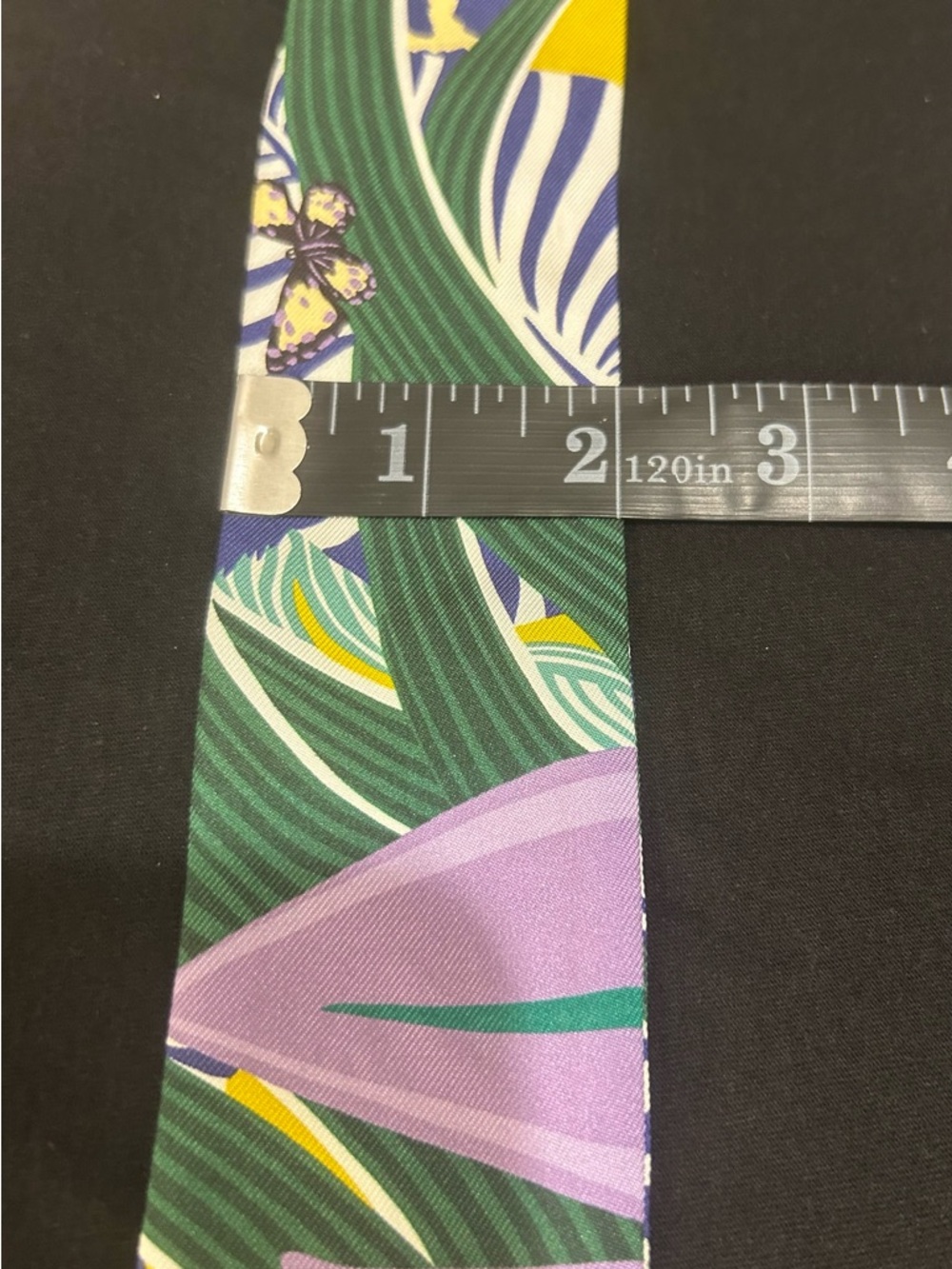 Hermès Purple Green Yellow Printed Silk Twilly with Butterfly Motif - Picture 2 of 16